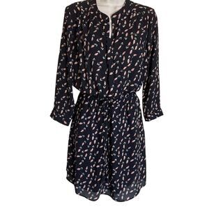 Dr2 Navy Floral Elastic/Draw String Waist 3/4 Sleeve Dress W/Pockets M